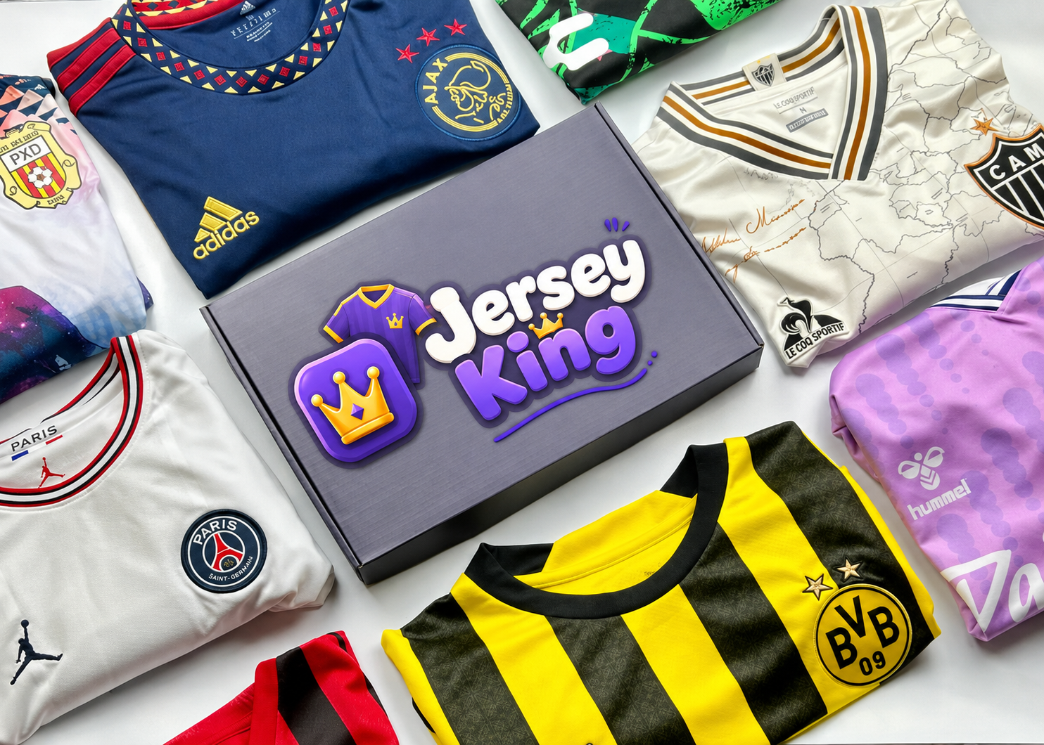 Jersey King mystery box surrounded by rescued football shirts